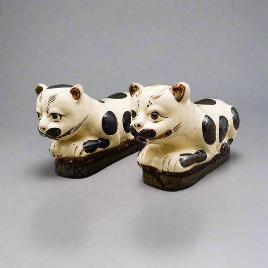 Antique Chinese Large Hand Painted Cat Cizhou Stoneware Pillow Headrest Pair