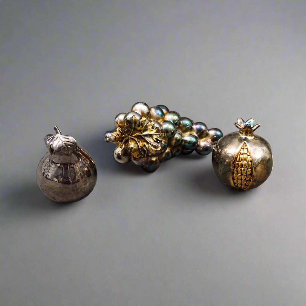 Lisham Art Israel .925 Sterling Silver Fruits Grape Pomegranate Pear Set Of 3