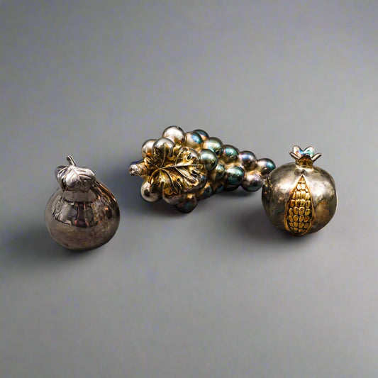 Lisham Art Israel .925 Sterling Silver Fruits Grape Pomegranate Pear Set Of 3