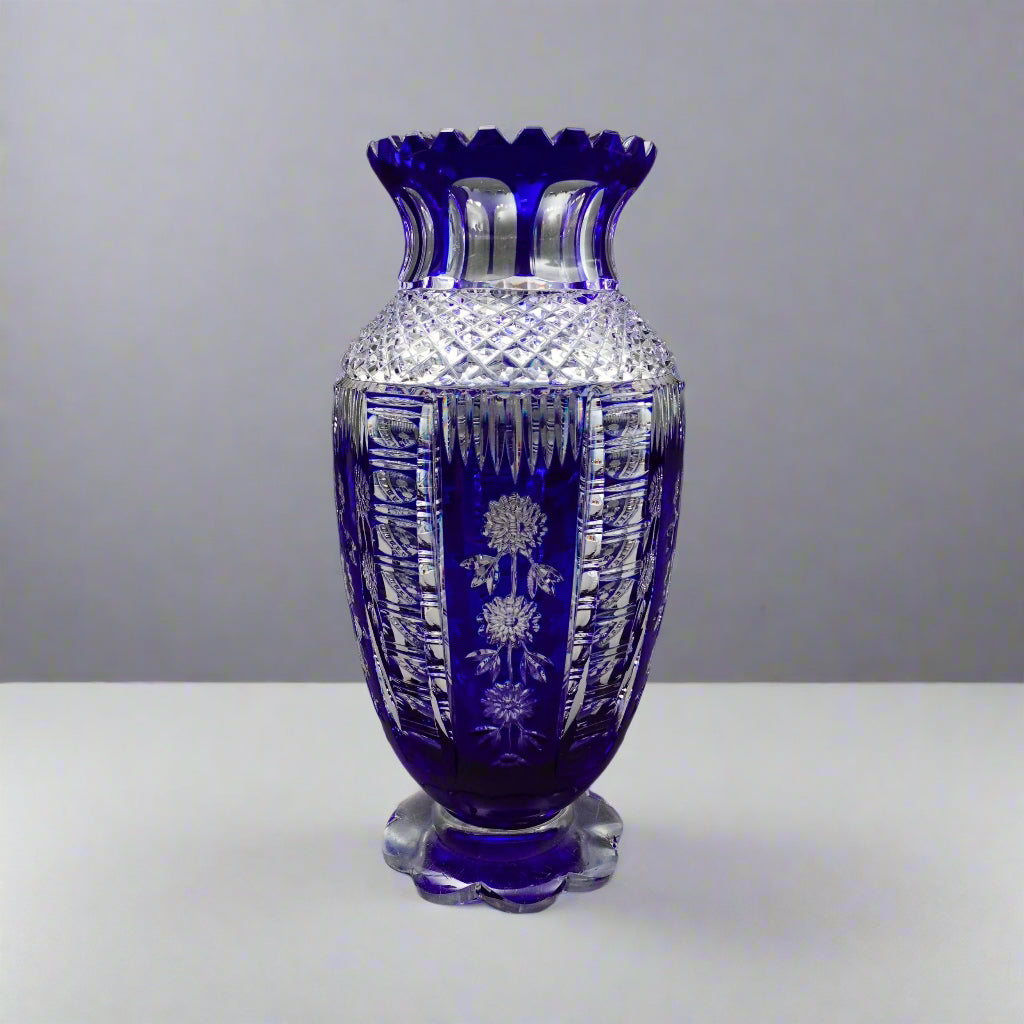 Bohemian Czech Cobalt Blue Cut To Clear Crystal Vase With Sawtooth Rim 12 1/2"