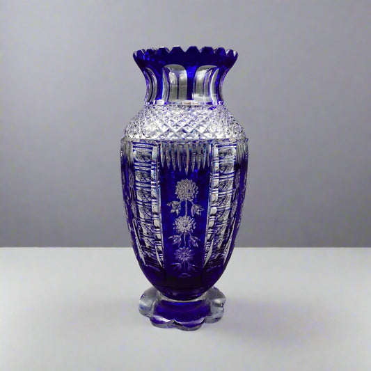 Bohemian Czech Cobalt Blue Cut To Clear Crystal Vase With Sawtooth Rim 12 1/2"