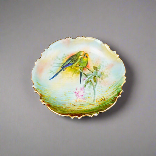 LS&S Carlsbad Austria Signed Hand Painted Porcelain Parakeet Birds Plate 11 1/8"