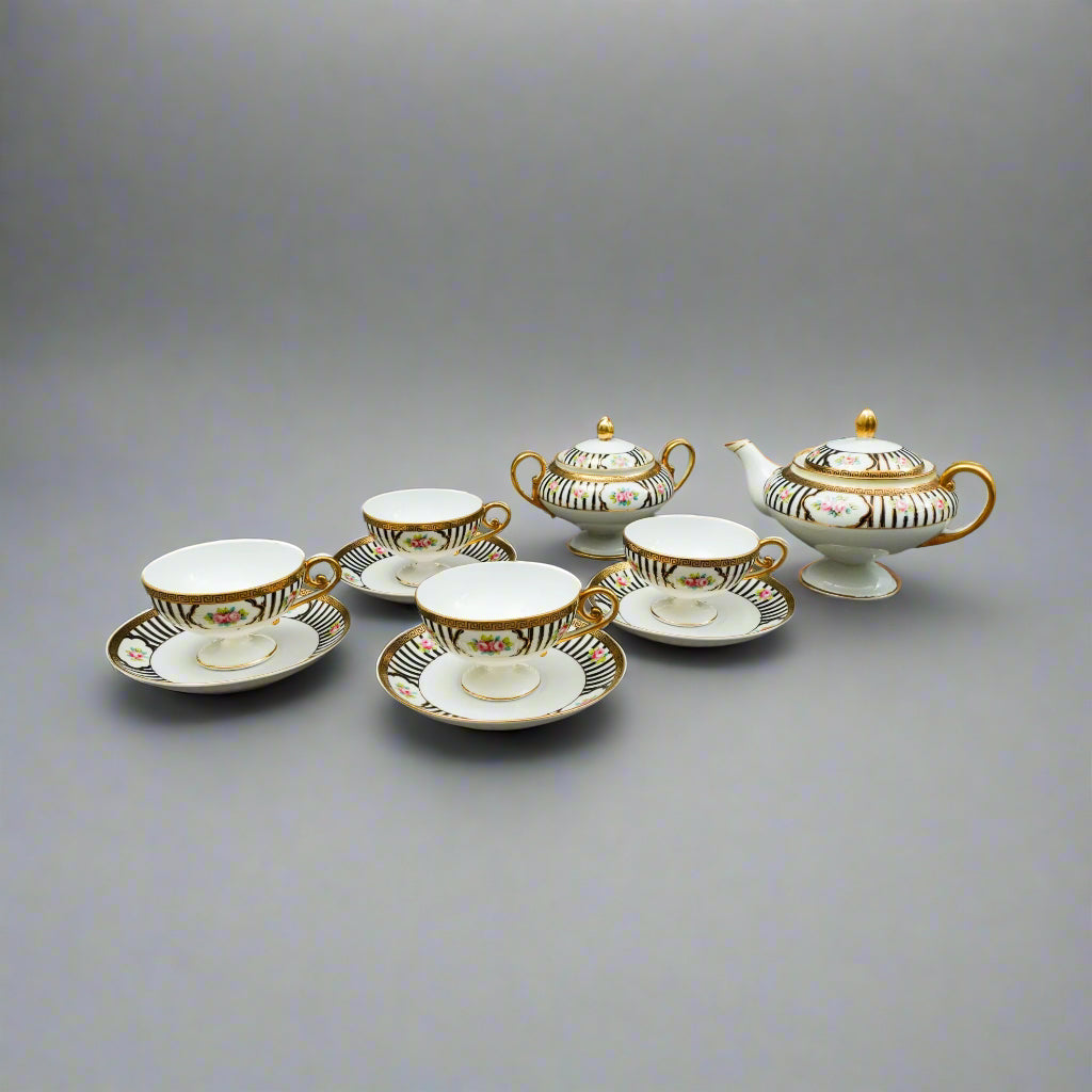 Nippon Japan Hand Painted Pink Roses Gold Gilded Tea Set - No Creamer
