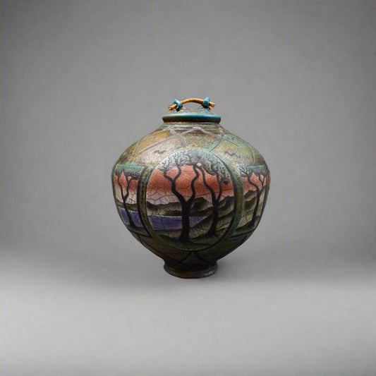 Ken Jensen 1998 Signed Large Landscape Scene Raku Pottery Covered Vessel Pot Jar