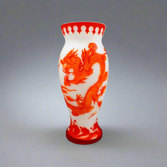 Large Galle Style Reproduction Flame Asian Dragon Cameo Peking Art Glass Vase