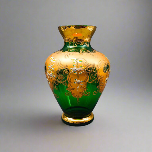 Tre Fuochi Italian Venetian Murano Glass Bohemian Emerald Green Gold Floral Vase