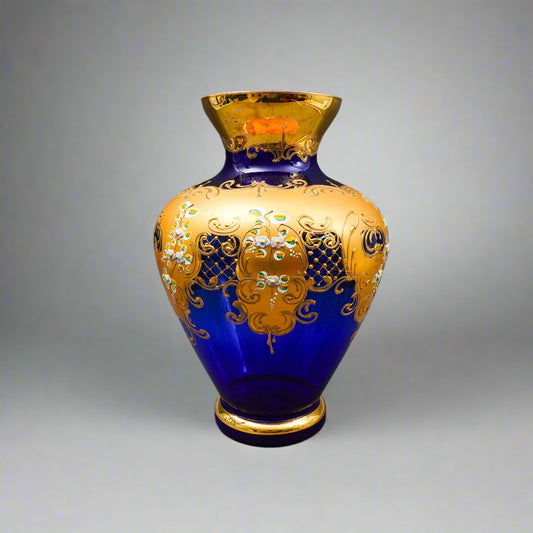 Tre Fuochi Italian Venetian Murano Glass Bohemian Cobalt Blue Gold Floral Vase