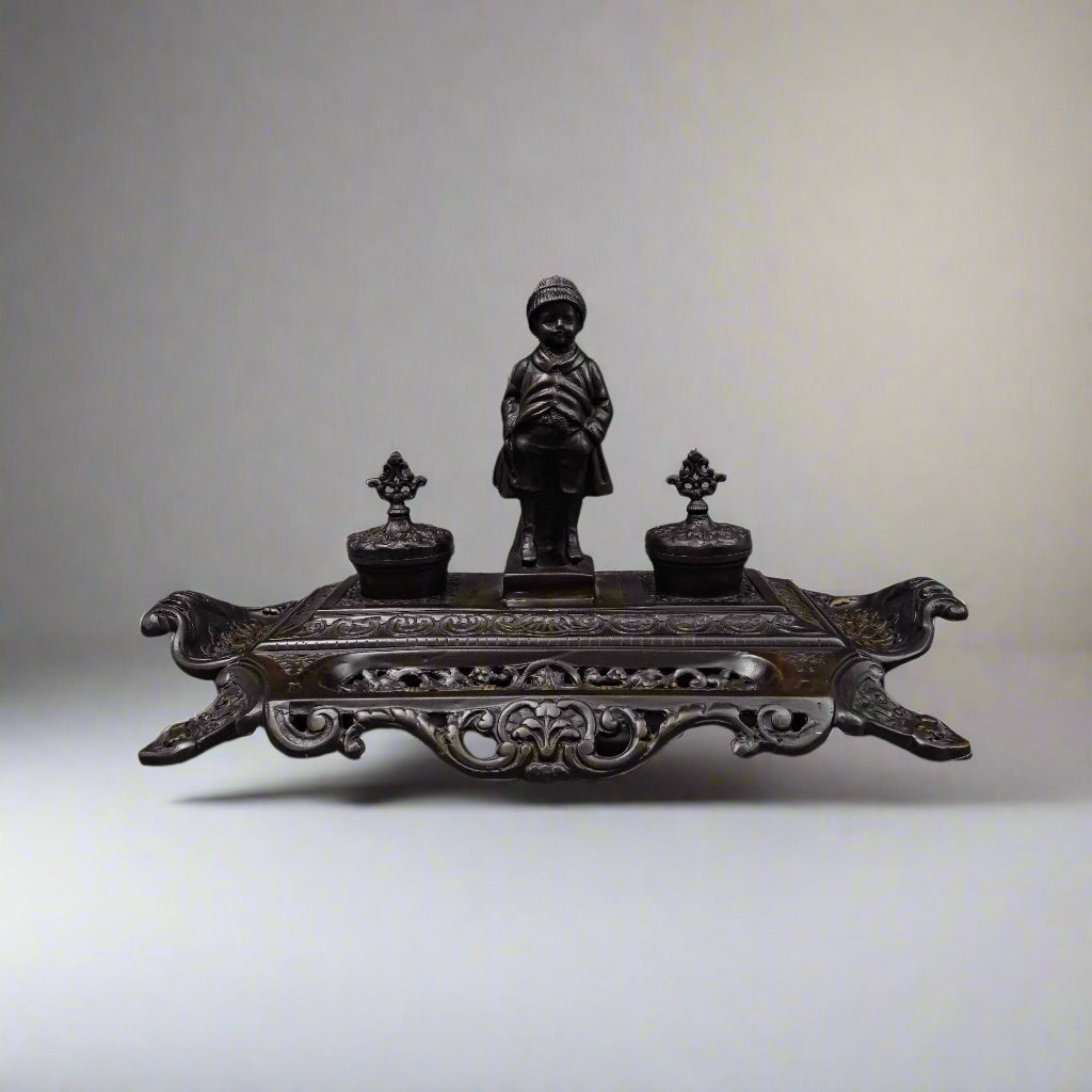 Maitland Smith Vintage Ornate Heavy Cast Bronze Desk Double Ink Well With Child