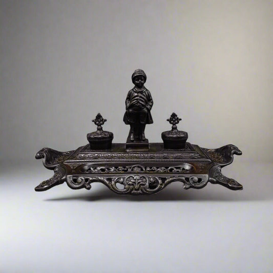 Maitland Smith Vintage Ornate Heavy Cast Bronze Desk Double Ink Well With Child