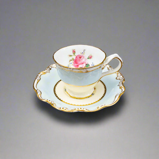 George Jones Crescent England Rose Floral Blue Gold Demitasse Cup & Saucer