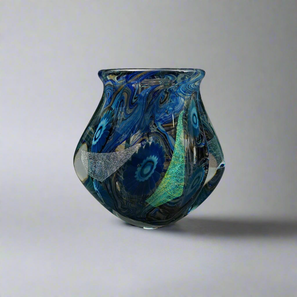 Robert Eickholt 2008 Blue Iridescent Dichroic Free Form Deep Sea Art Glass Vase