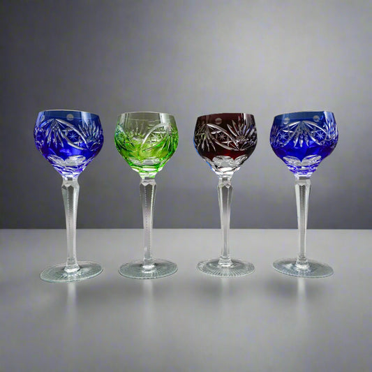 Lausitzer Bohemian Cut to Clear Fans Stars Roundlets Wine Hock Goblets Set Of 4