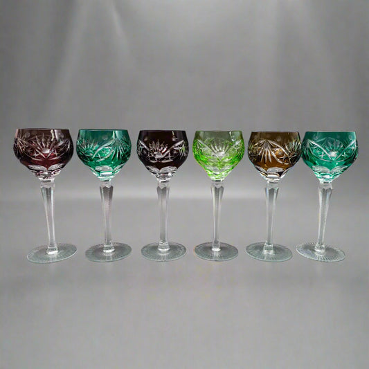 Lausitzer Bohemian Cut to Clear Fans Stars Roundlets Wine Hock Goblets Set Of 6
