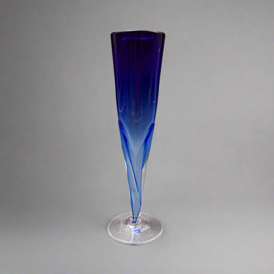 Vintage Signed 1987 Blue Hand Blown Art Glass Fluted Bud Vase 10 3/8"