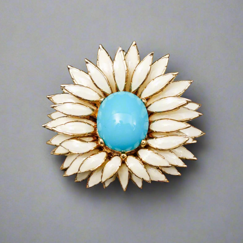 Ciner Signed Vintage Gold Tone Turquoise Cream Chrysanthemum Pendant Brooch Pin