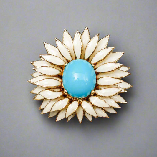 Ciner Signed Vintage Gold Tone Turquoise Cream Chrysanthemum Pendant Brooch Pin