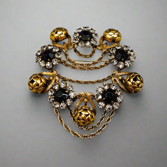 Sandor Signed Vintage Floral Gold Tone Black Rhinestones Dangle Chain Brooch Pin