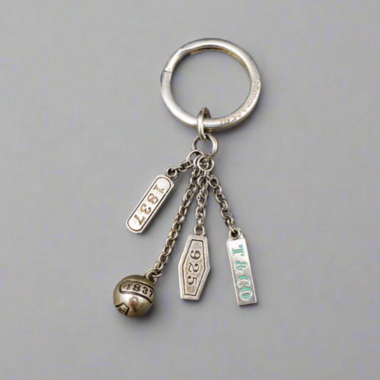 Tiffany & Co. 1837 Sterling Silver Dangle 4 Charm Key Ring Keychain With Pouch