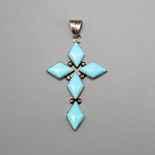 Running Bear RB Signed Navajo Sterling Silver 925 Turquoise Cross Pendant