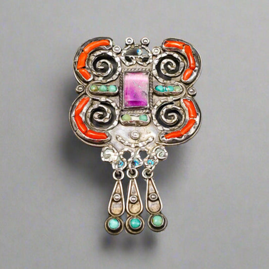 Matl Matilde Poulat Mexico Sterling Amethyst Turquoise Coral Brooch Pin (Read)