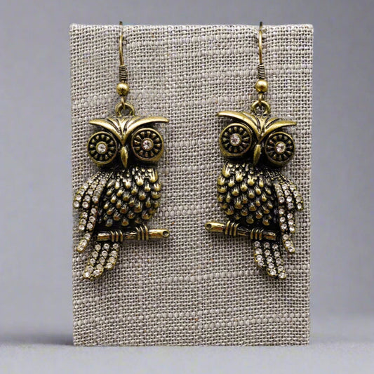 Charles Nobel CN Gold Tone Rhinestone Owl Dangle Drop Earrings