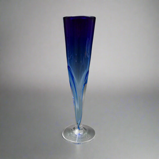 Vintage Signed 1987 Blue Hand Blown Art Glass Fluted Bud Vase 10 3/8"