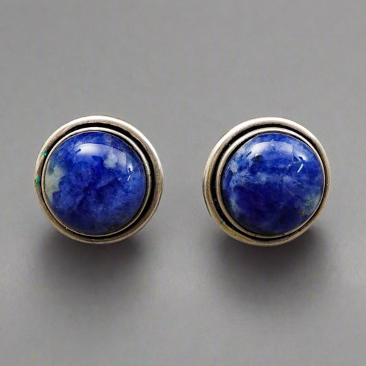 Ilaria Peru Sterling Silver 925 Blue Lapis Round Dome Stud Earrings