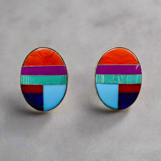 Willie Saiz WS Signed Navajo Oval Sterling Silver Multistone Inlay Stud Earrings