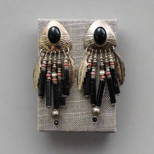 Tabra Signed Vintage Sterling Silver Onyx Feather Tribal Dangle Drop Earrings