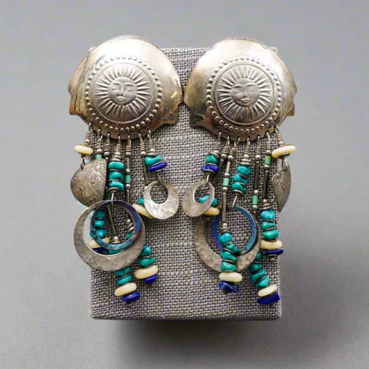 Tabra Sterling Silver Turquoise Lapis Celestial Sun Tribal Dangle Drop Earrings