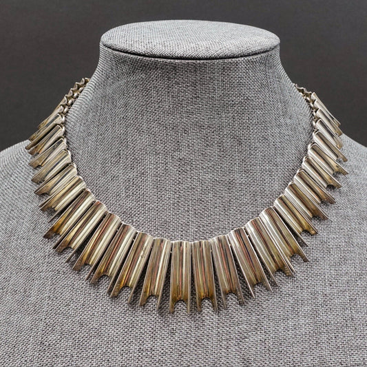 Taxco Mexico Heavy Modernist Sterling Silver Concave Fringe Bib Choker Necklace
