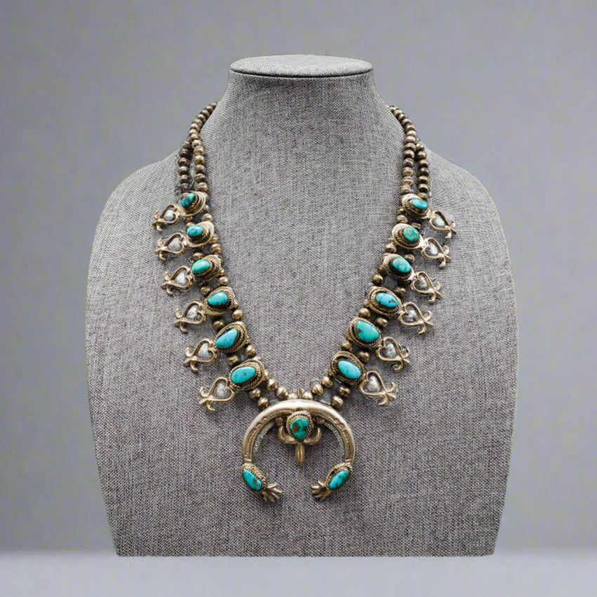 Navajo VIntage Sterling Silver Turquoise Squash Blossom Heart Necklace