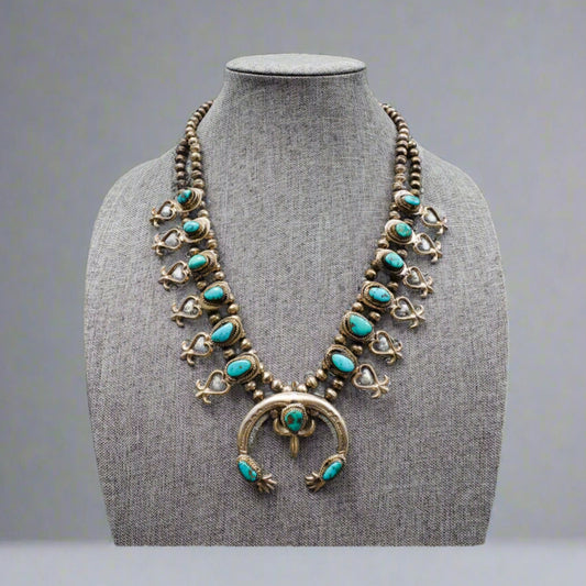 Navajo VIntage Sterling Silver Turquoise Squash Blossom Heart Necklace
