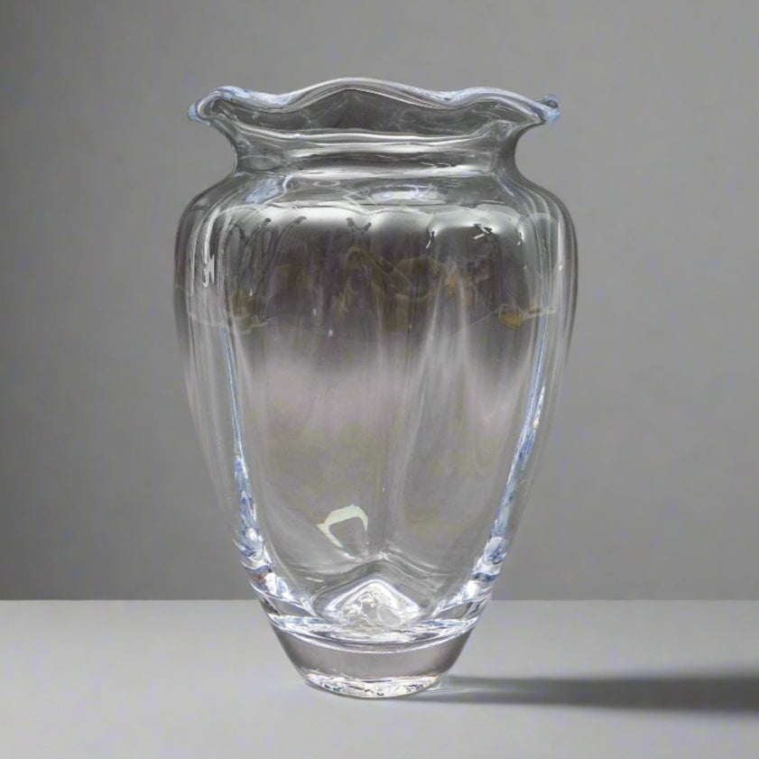 Simon Pearce Crystal Chelsea Hand Blown Optic Cinched Glass Vase Ruffle Rim 9.5"