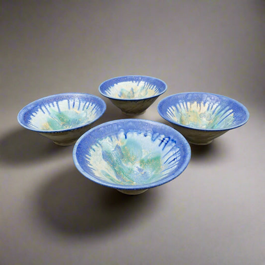 Edgecomb Potters Maine Blue Green Crystalline Glazed Art Pottery Bowl Set Of 4