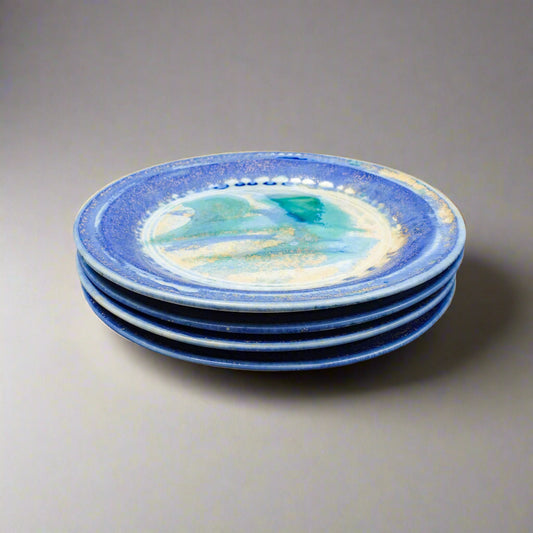 Edgecomb Potters Maine Blue Green Crystalline Glazed Pottery Salad Plate Set 4
