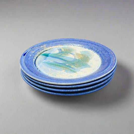 Edgecomb Potters Maine Blue Green Crystalline Glazed Pottery Dinner Plate Set 4
