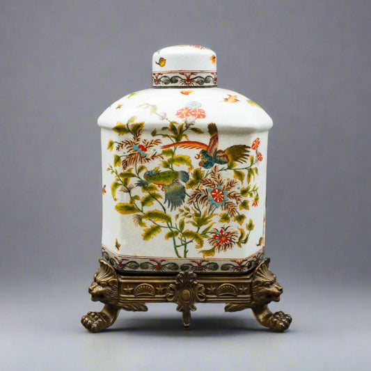 Wong Lee Chinoiserie Floral Bird Bronze Ormolu Porcelain Lidded GingerJar