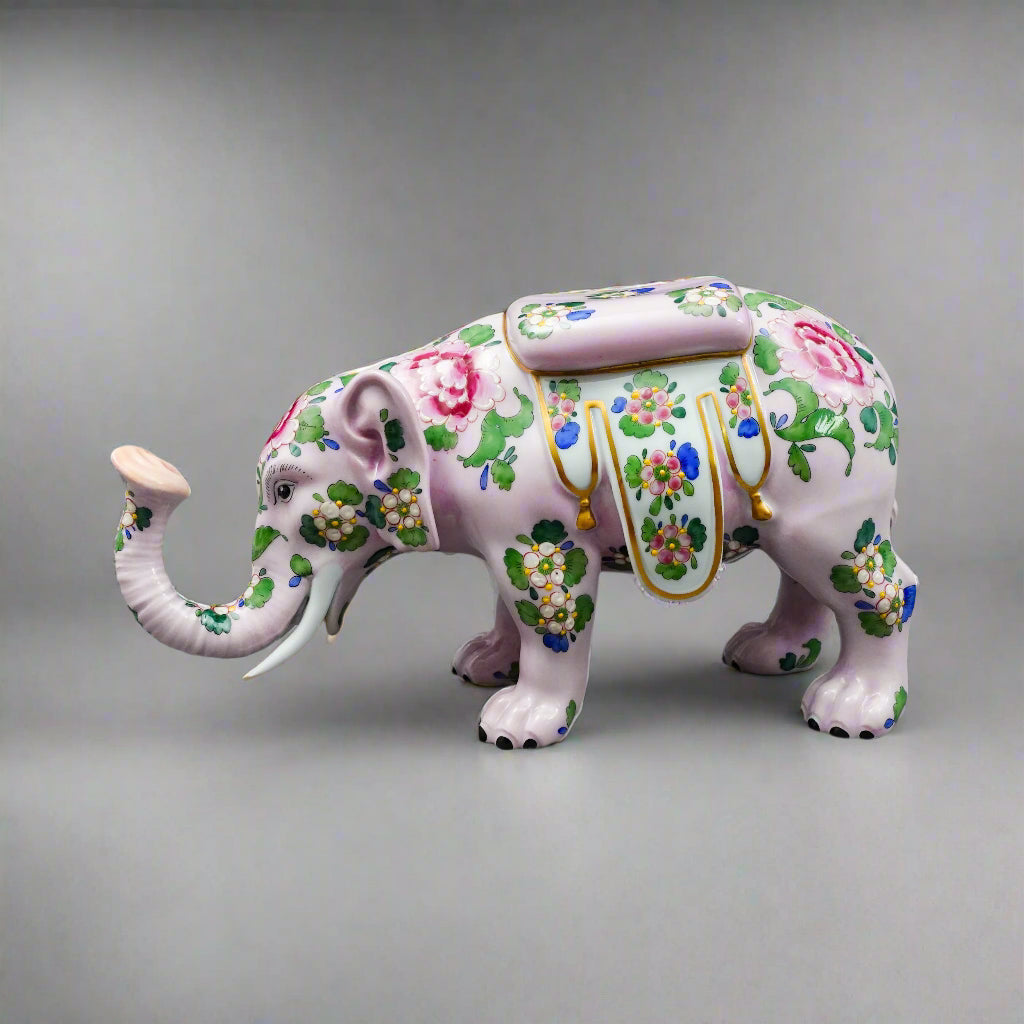 Carl Thieme Dresden Germany Floral Painted Pink Elephant Porcelain Figurine
