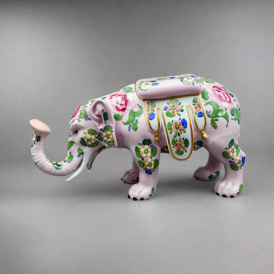 Carl Thieme Dresden Germany Floral Painted Pink Elephant Porcelain Figurine