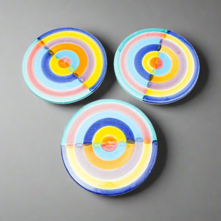 Italian Hand Painted Colorful Pottery Round 7 1/4" Trivet Hot Plate Set Of 3