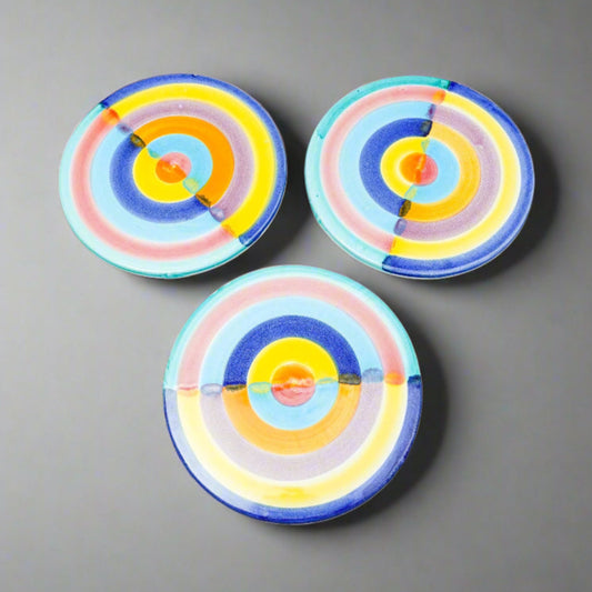 Italian Hand Painted Colorful Pottery Round 7 1/4" Trivet Hot Plate Set Of 3