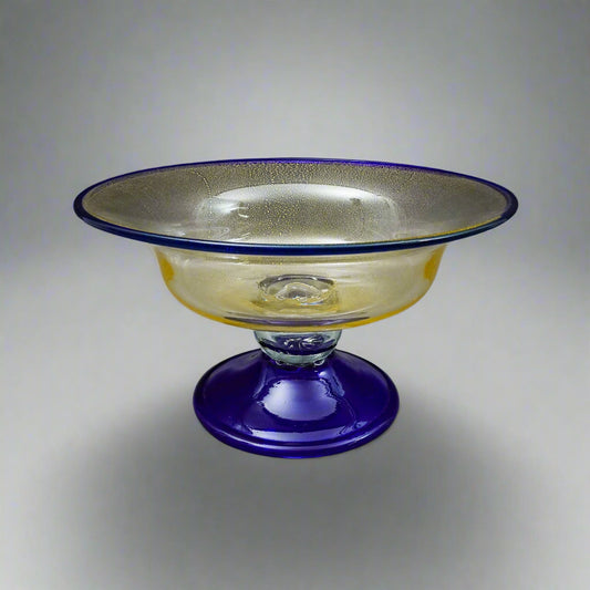 Murano Large Cobalt Blue Gold Fleck Art Glass Compote Centerpiece Bowl 12.25"