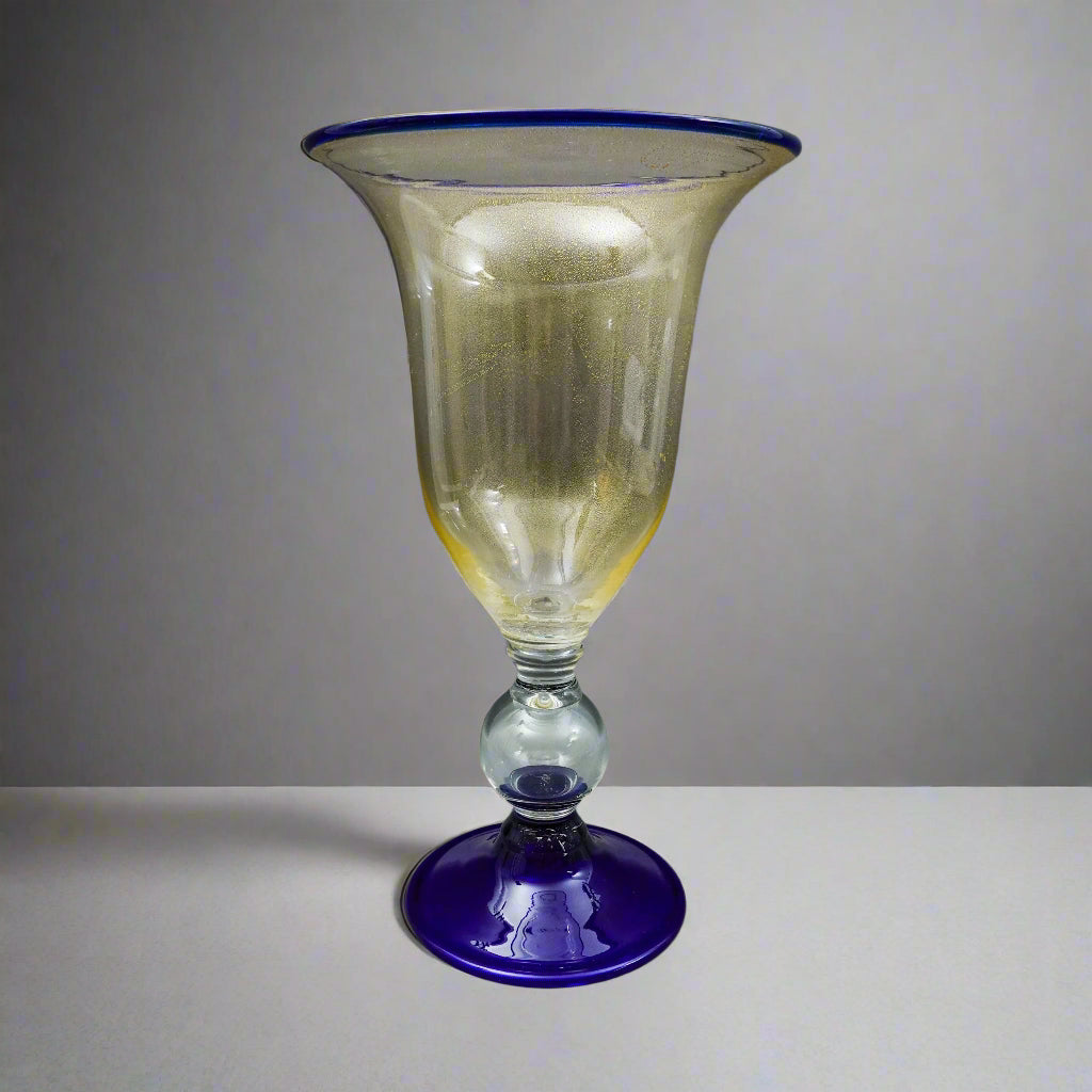 Murano Large Hand Blown Cobalt Blue Gold Fleck Art Glass Pedestal Vase 18 1/2"