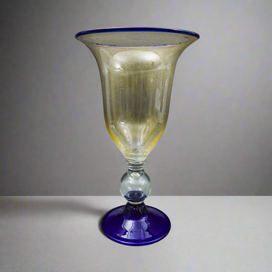 Murano Large Hand Blown Cobalt Blue Gold Fleck Art Glass Pedestal Vase 18 1/2"