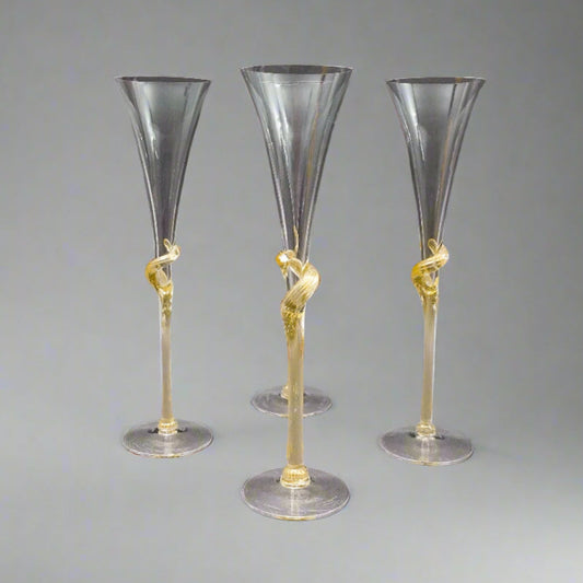 Union Street Glass Signed Y2K Gold Mist Twisted Champagne Flutes Set Of 4