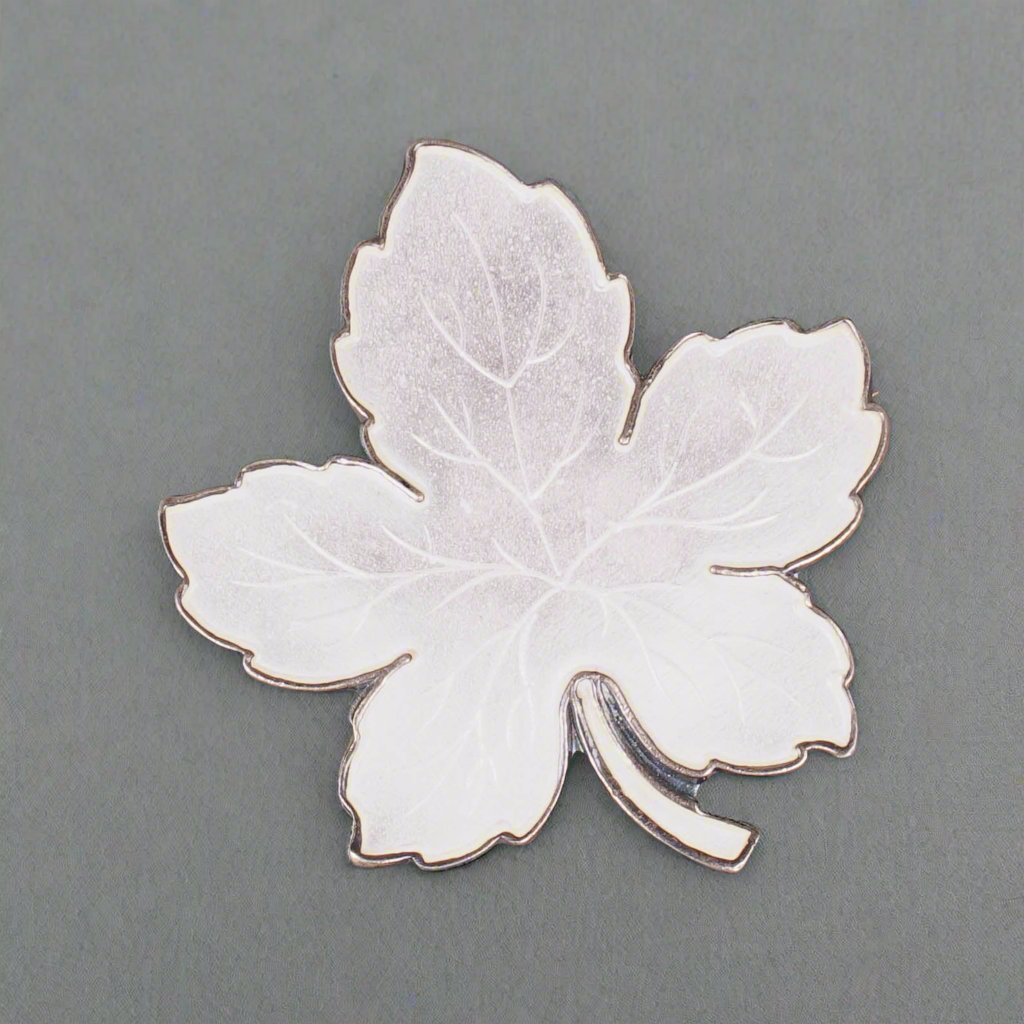 Meka Denmark Sterling Silver White Gullioche Enamel Maple Leaf Pin Brooch