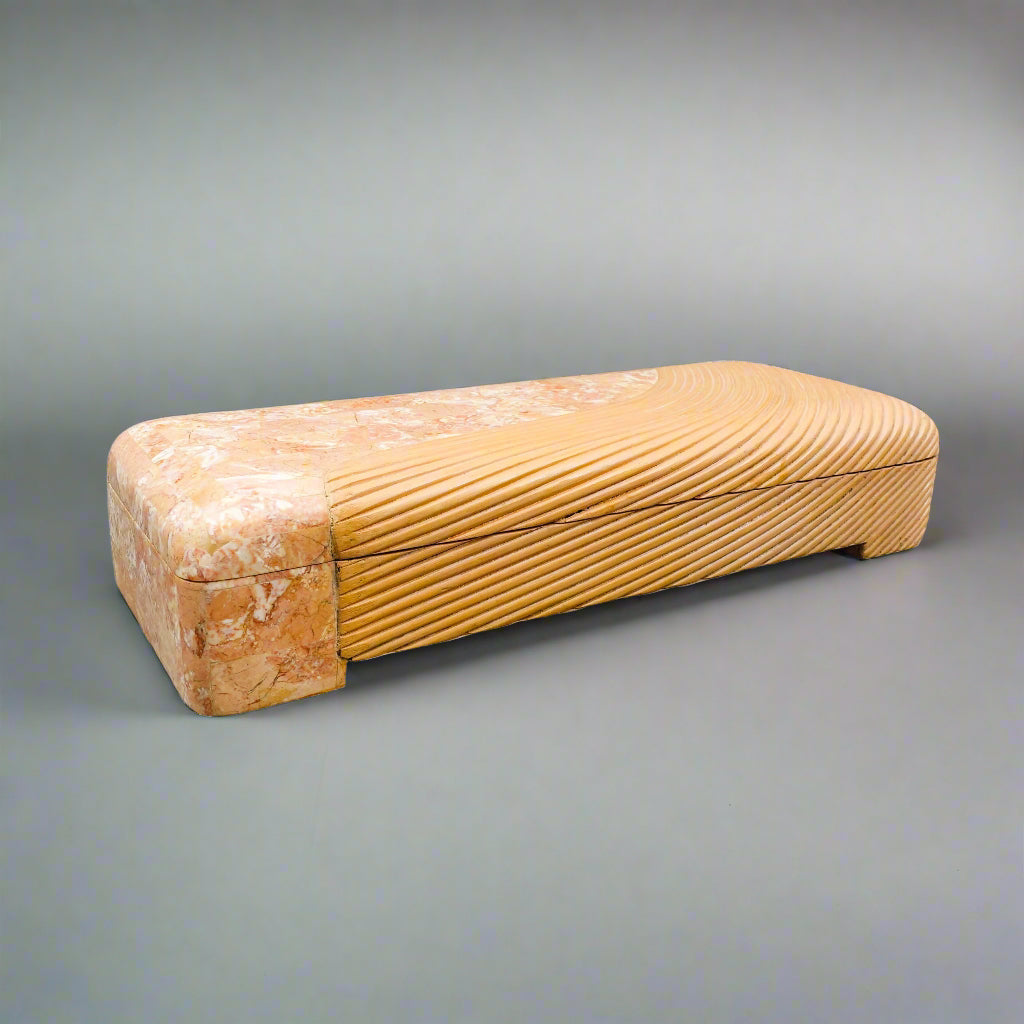 Maitland Smith Vintage Rattan Tessellated Stone Jewelry Storage Dresser Box