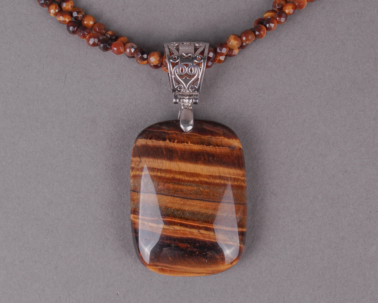 Tiger Eye .925 Sterling Silver Ornate Pendant Two Strand 18"-20" Necklace 55 Gr