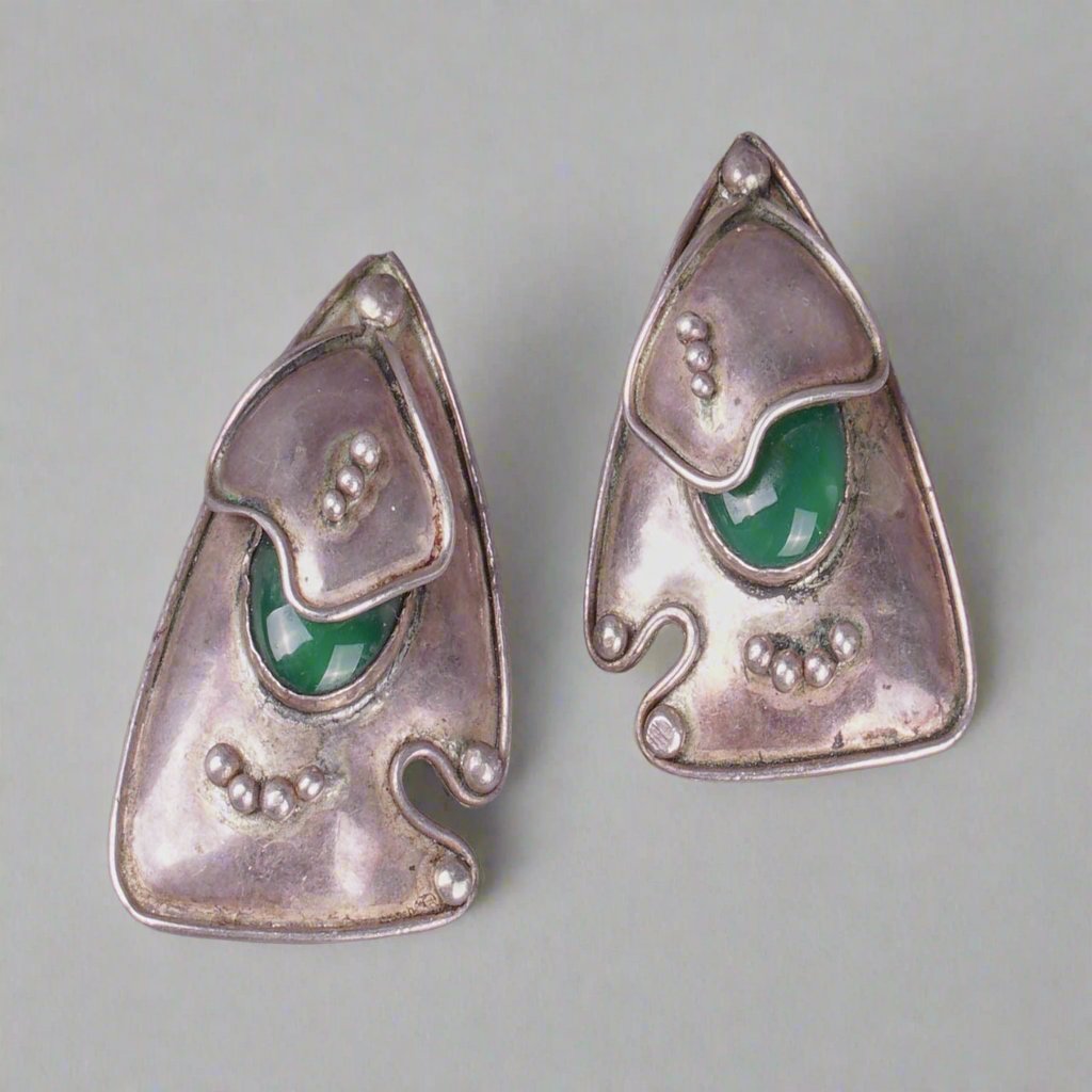 Navajo Vintage Modernist AR Signed .925 Sterling Silver Green Cabochon Earrings 25 G